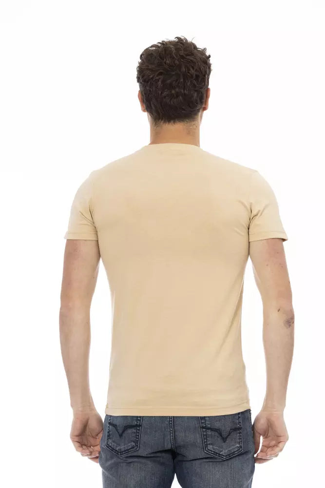 A beige cotton men's t-shirt with short sleeves and a crew neckline