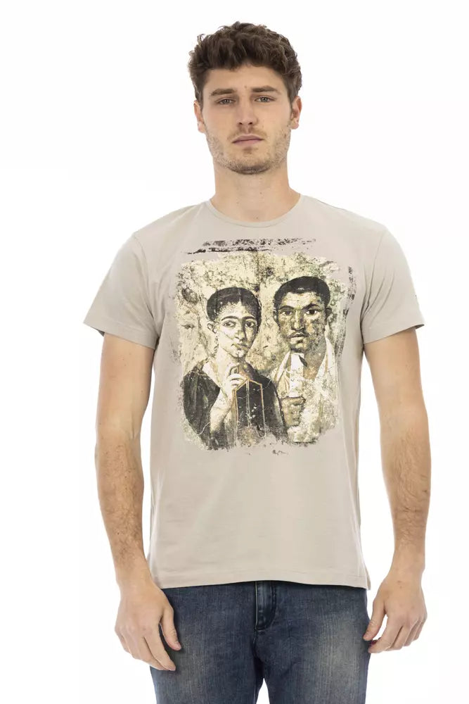 Man wearing graphic t-shirt with two faces on front