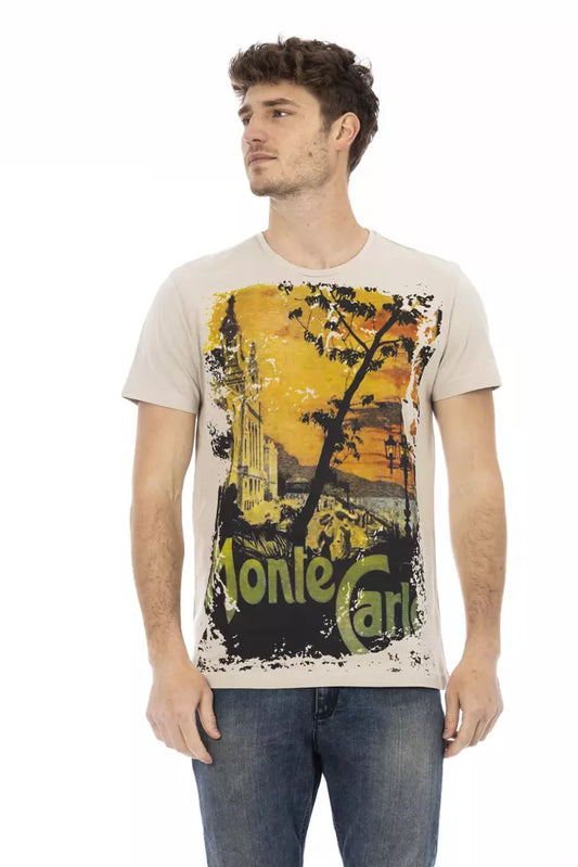 Man wearing graphic t-shirt with trees and mountains