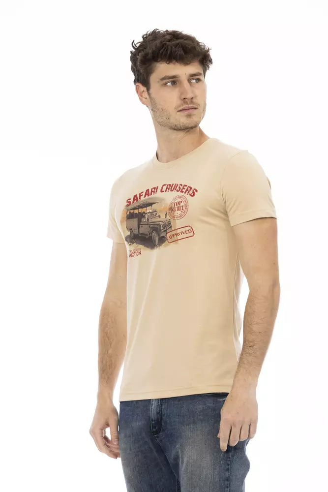 A beige cotton men's t-shirt with a graphic print on the front