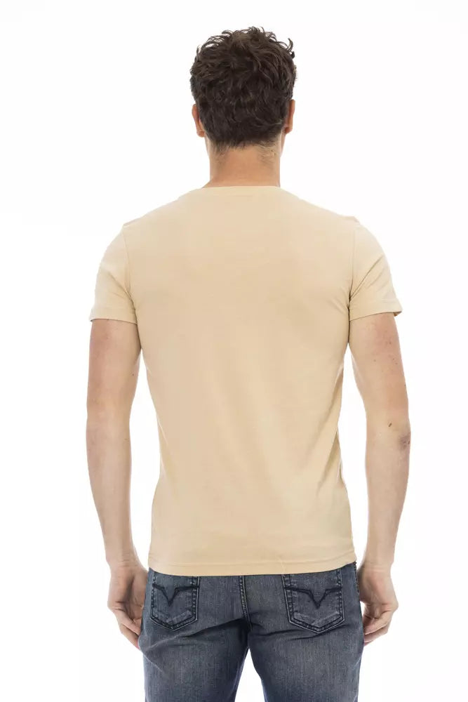A beige men's t-shirt with short sleeves, a crew neckline and a straight hem