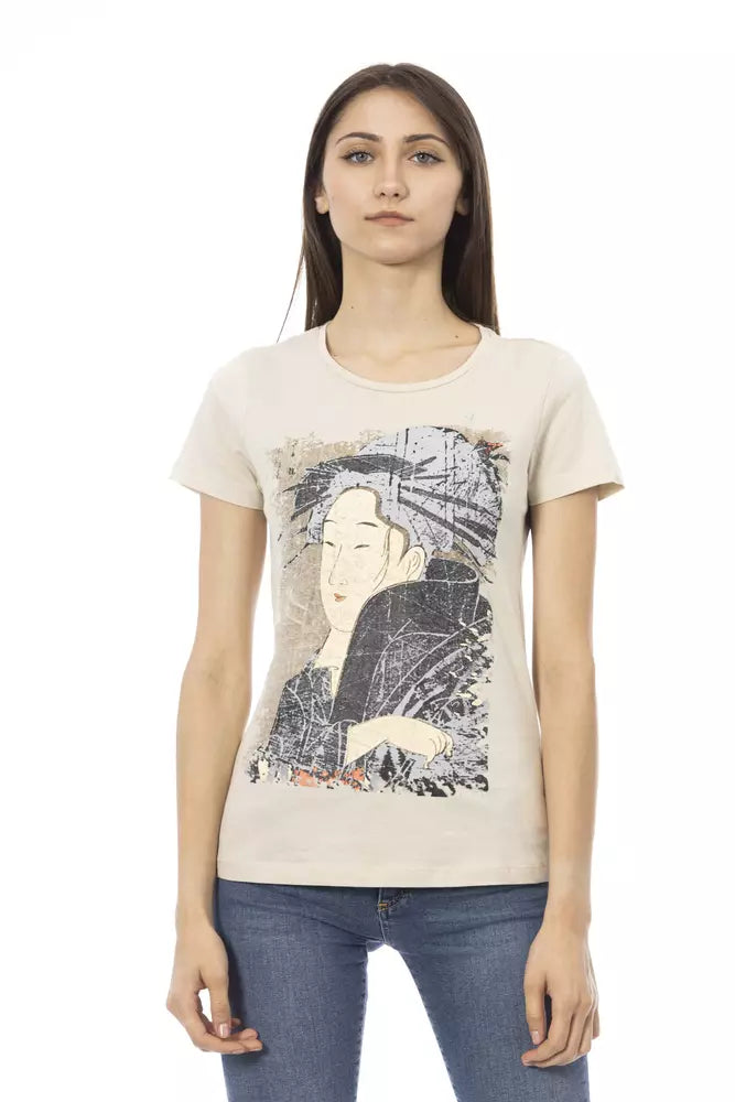 Woman wearing graphic t-shirt with artwork on front
