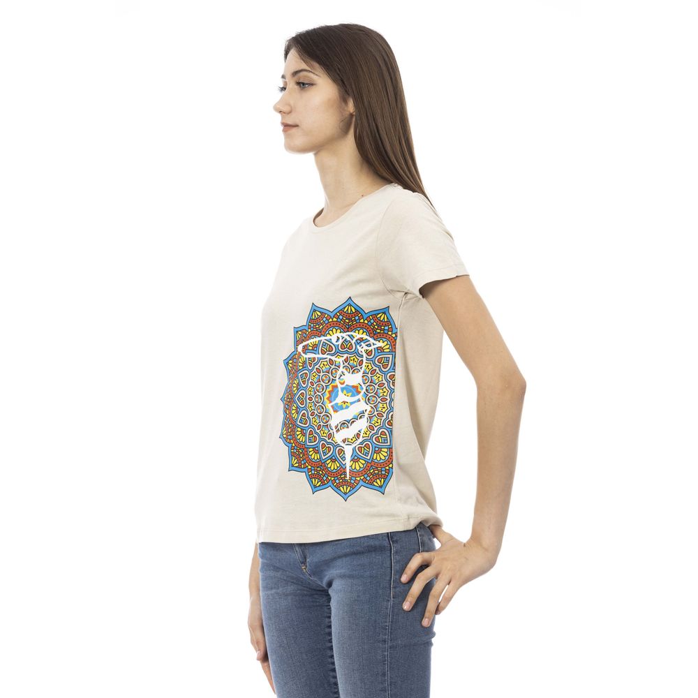 A beige cotton women's t-shirt with a colorful embroidered design on the front