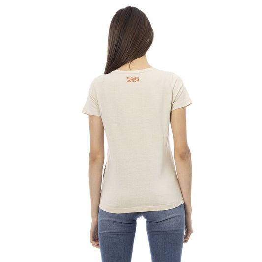 A beige cotton women's t-shirt with a red logo on the back