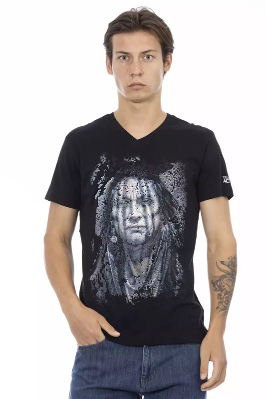 Black t-shirt with a graphic print of a man's face