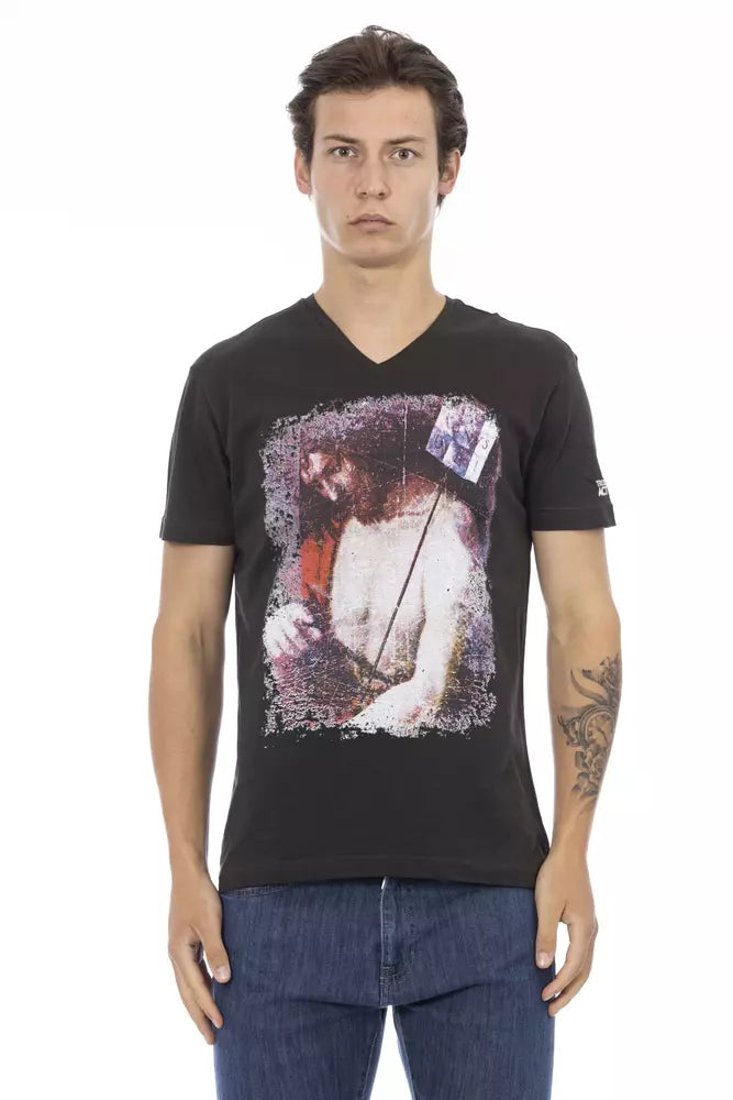 Black t-shirt with graphic print on front