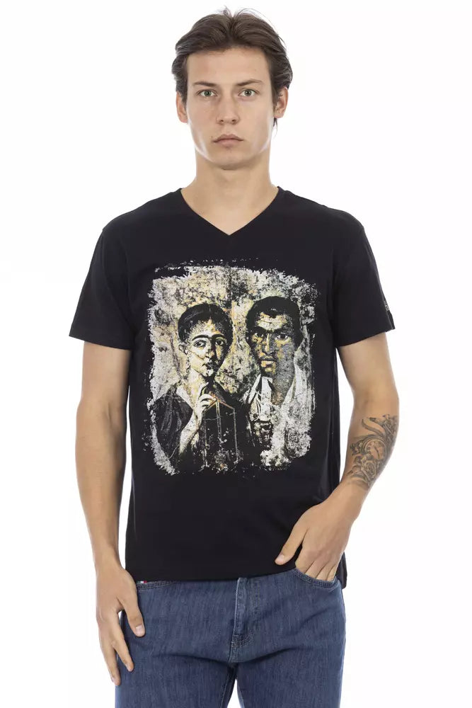 Man wearing black t-shirt with graphic design