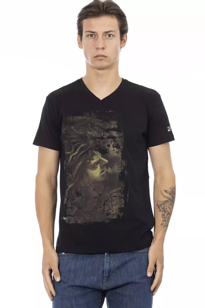 Man wearing black t-shirt with graphic design on front