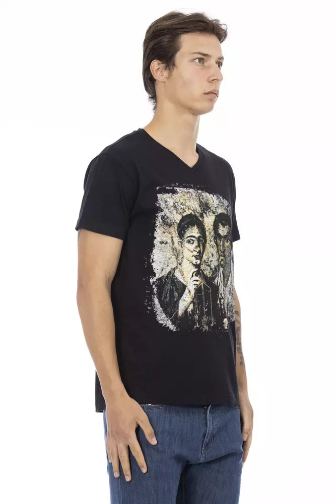 Man wearing black t-shirt with graphic design on front