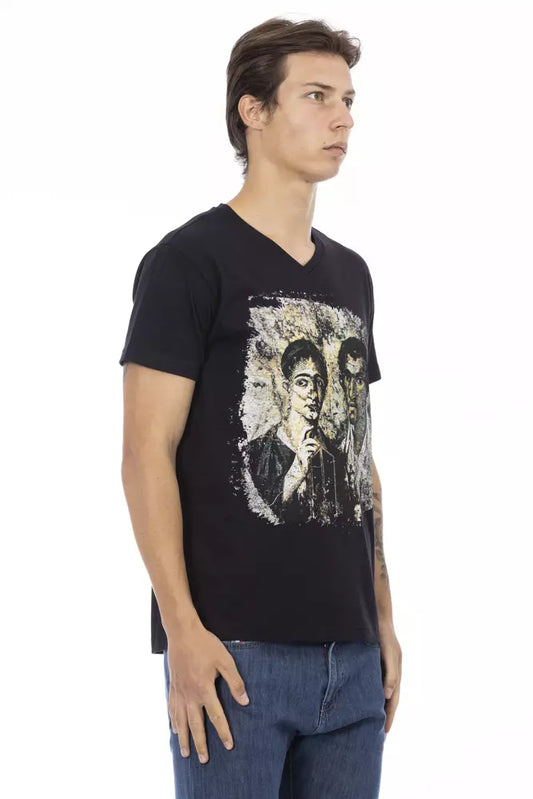 Man wearing black t-shirt with graphic design on front