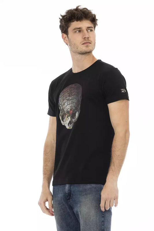 Man wearing black t-shirt with graphic design on front