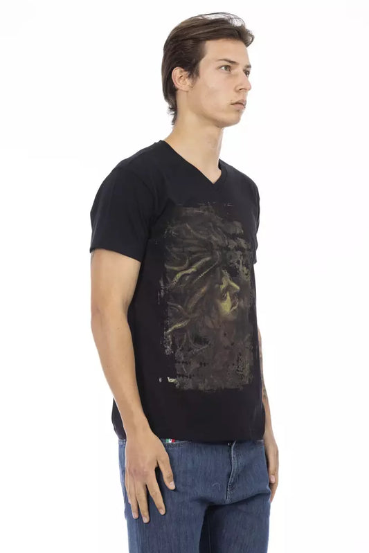 Man wearing black t-shirt with graphic design on front