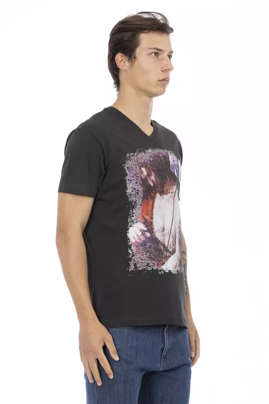 Man wearing black t-shirt with graphic design