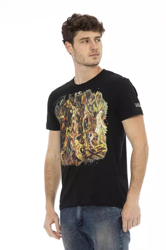 Man wearing black t-shirt with graphic design on front