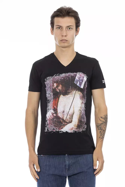 Man wearing black t-shirt with religious artwork