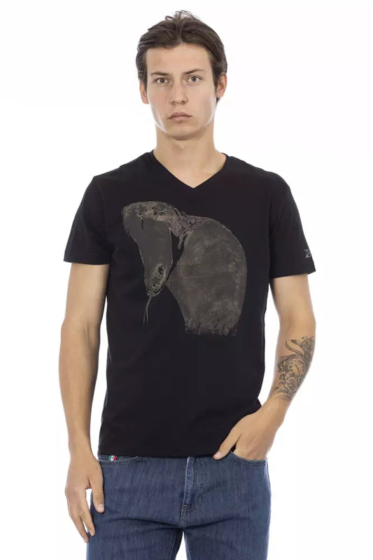 Man wearing black t-shirt with graphic design on front