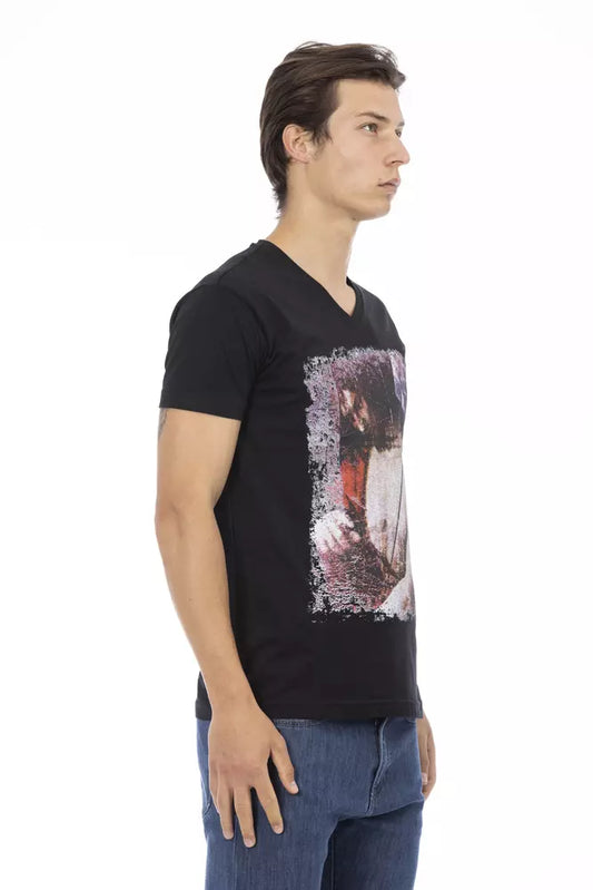 Man wearing black t-shirt with graphic design on front