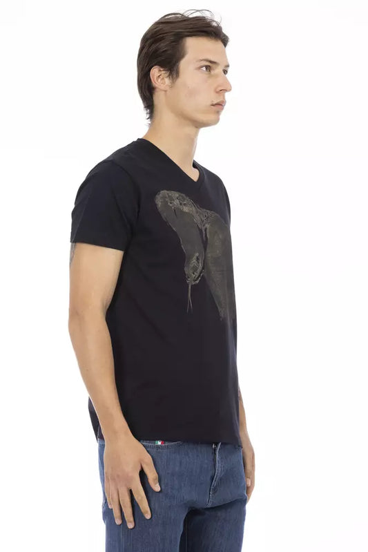 Man wearing black t-shirt with graphic design on front