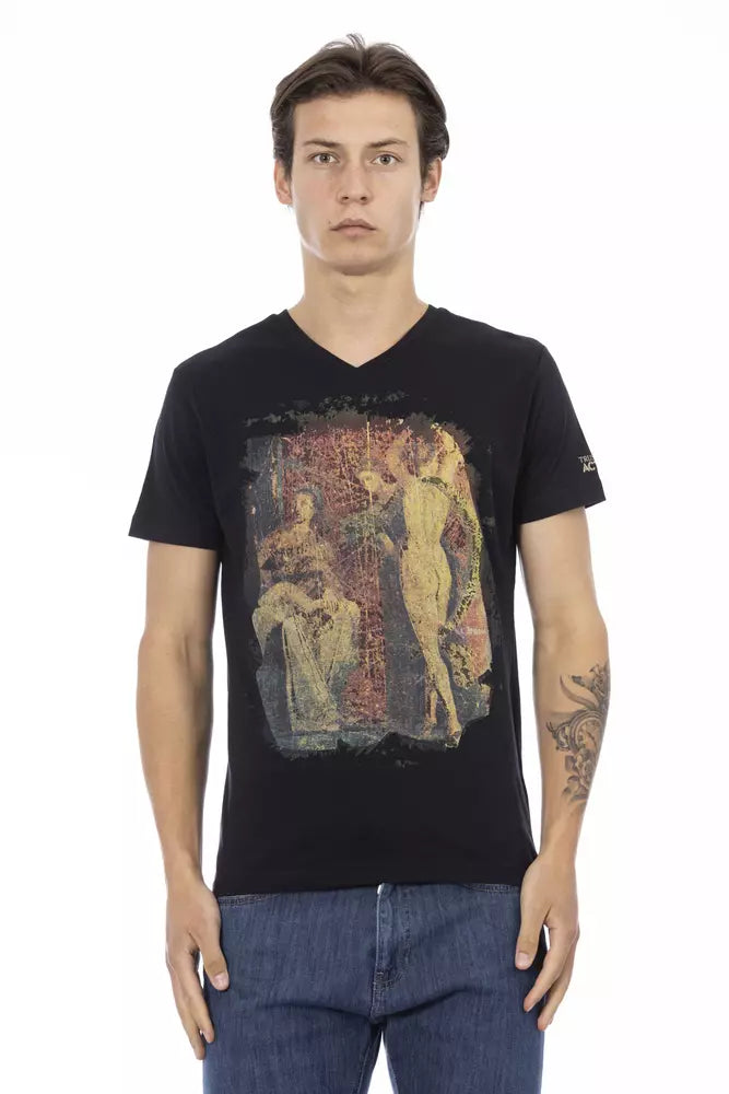 Mannequin wearing black t-shirt with artwork on front