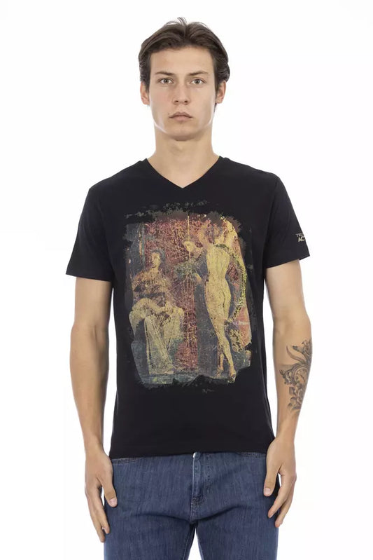 Mannequin wearing black t-shirt with artwork on front