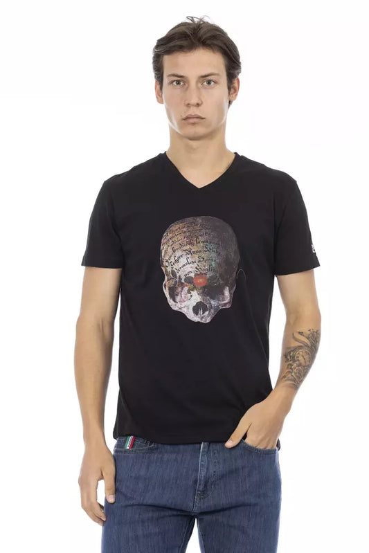 Black t-shirt with skull graphic on front