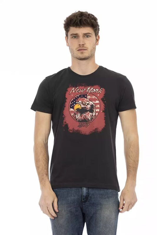 Black t-shirt with graphic design on front