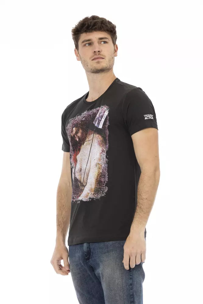 Man wearing black t-shirt with graphic design on front
