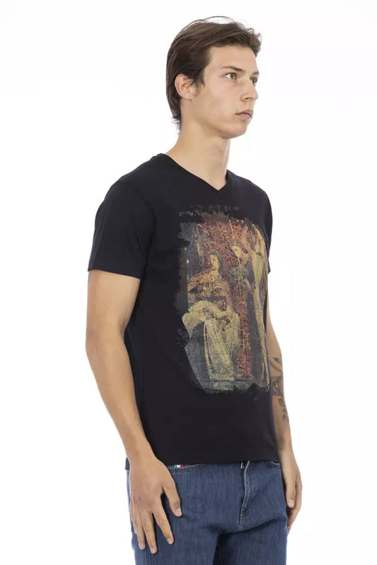 Man wearing black t-shirt with graphic design on front