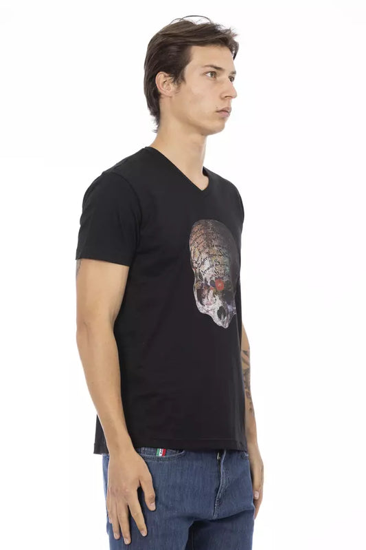 Man wearing black t-shirt with graphic design on front