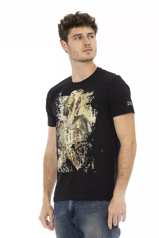 A black cotton men's t-shirt with a graphic design on the front