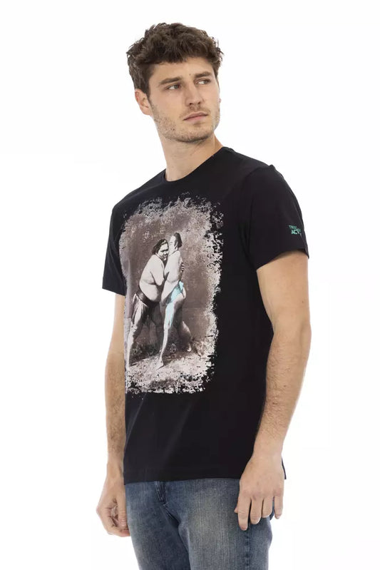 A black t-shirt with a graphic print on it