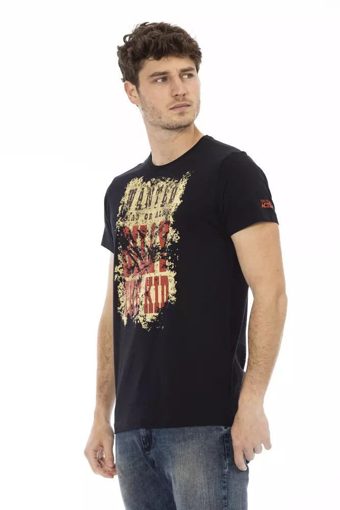 Man wearing black t-shirt with graphic design on front