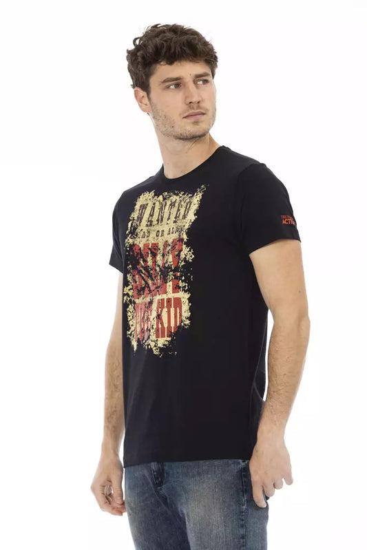 Man wearing black t-shirt with graphic design on front