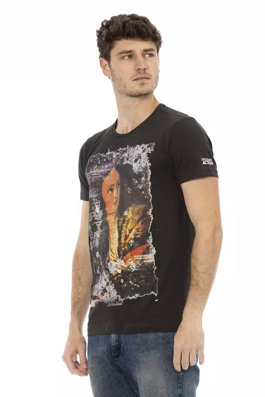 A black cotton men's t-shirt with a graphic print on the front