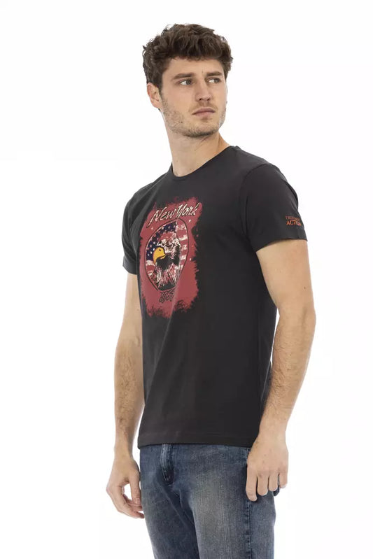 Man wearing black t-shirt with graphic design on front
