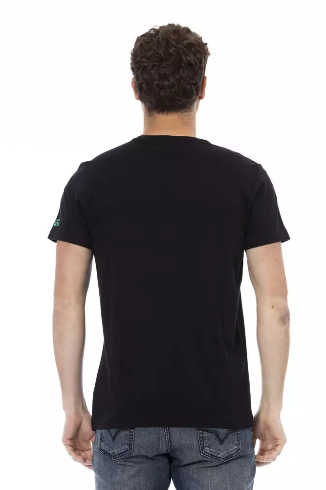 A black cotton men's t-shirt with a graphic print on the back