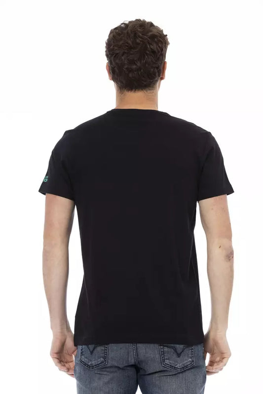 A black cotton men's t-shirt with a graphic print on the back