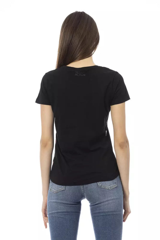 Black t-shirt on woman's back
