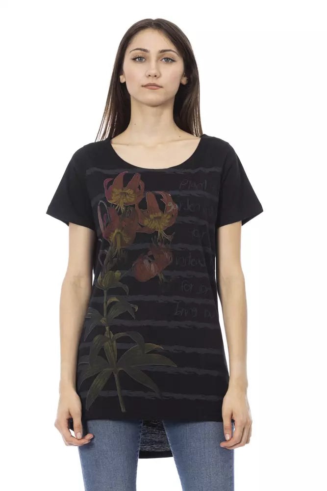 Black t-shirt with floral design on front