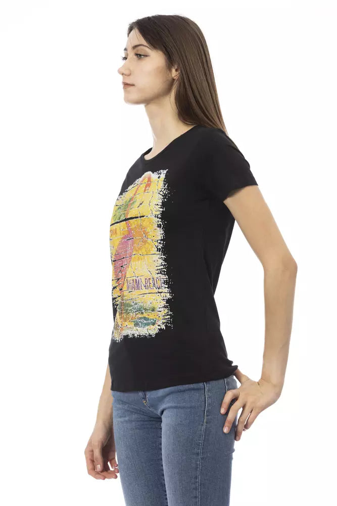 A black cotton women's t-shirt with a graphic print on the front