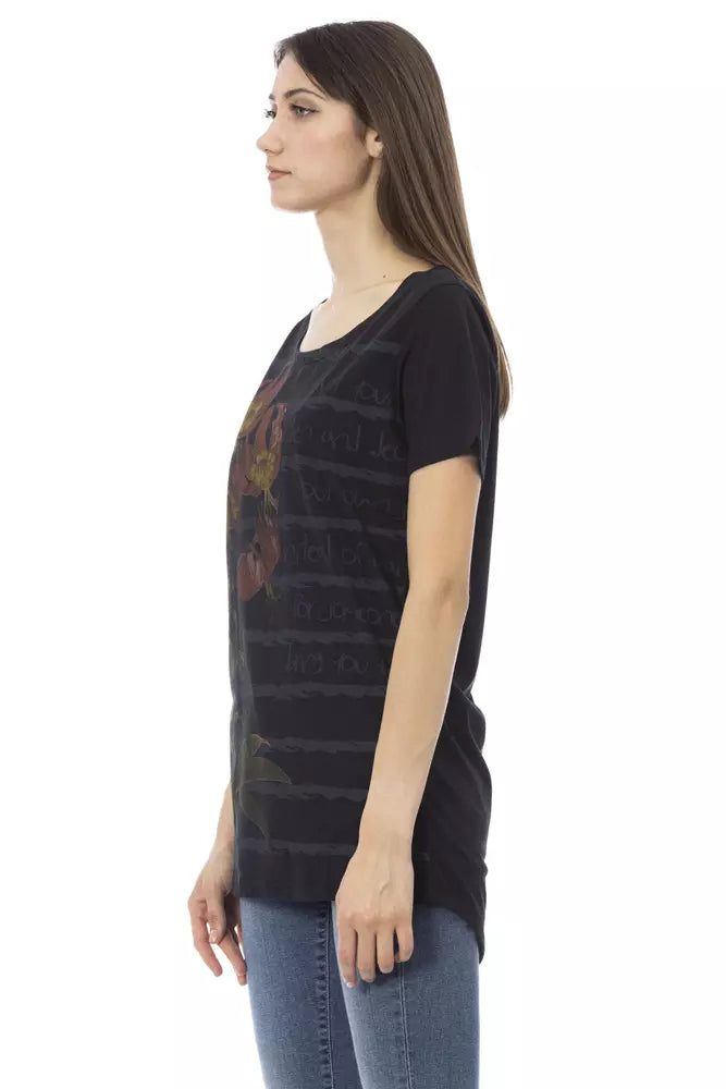 Black t-shirt with graphic design on front
