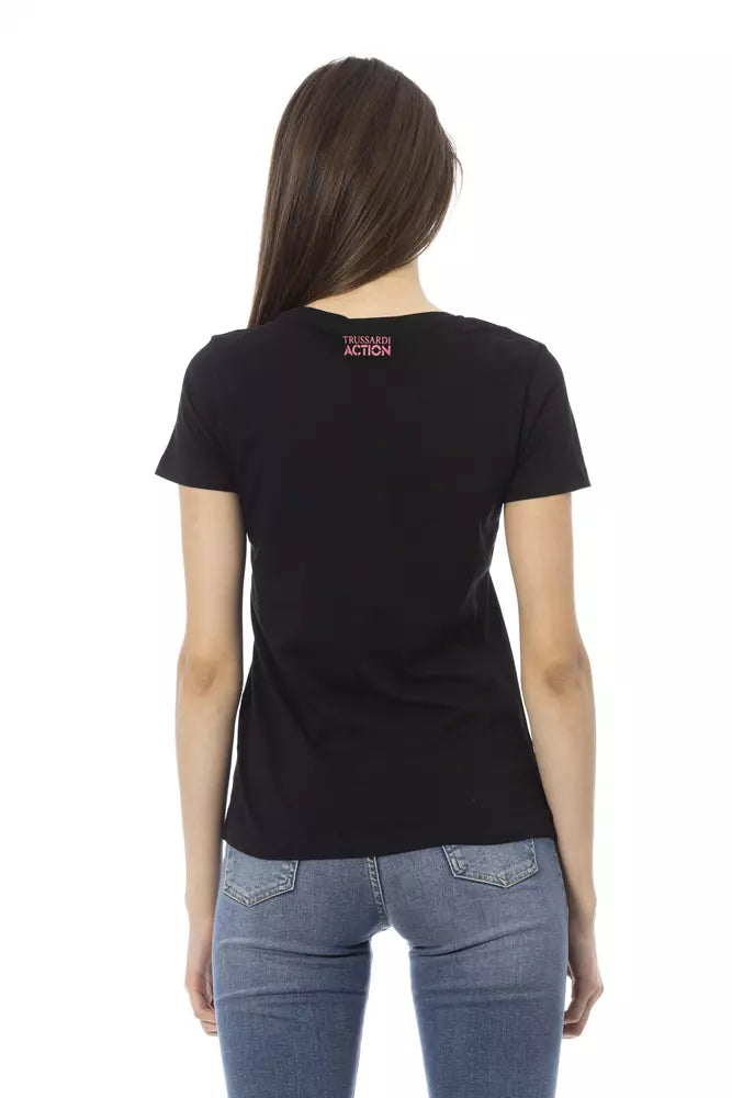 A black cotton women's t-shirt with a pink logo on the back