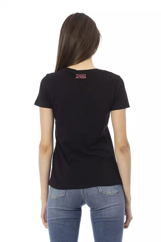 A black cotton women's t-shirt with a pink logo on the back