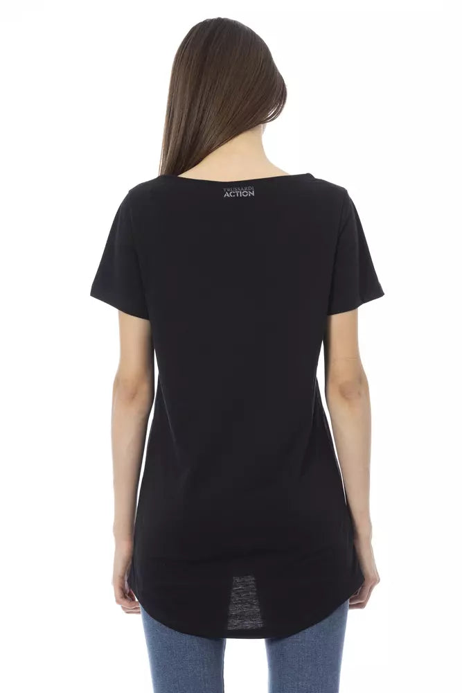 Black short sleeve top on a woman