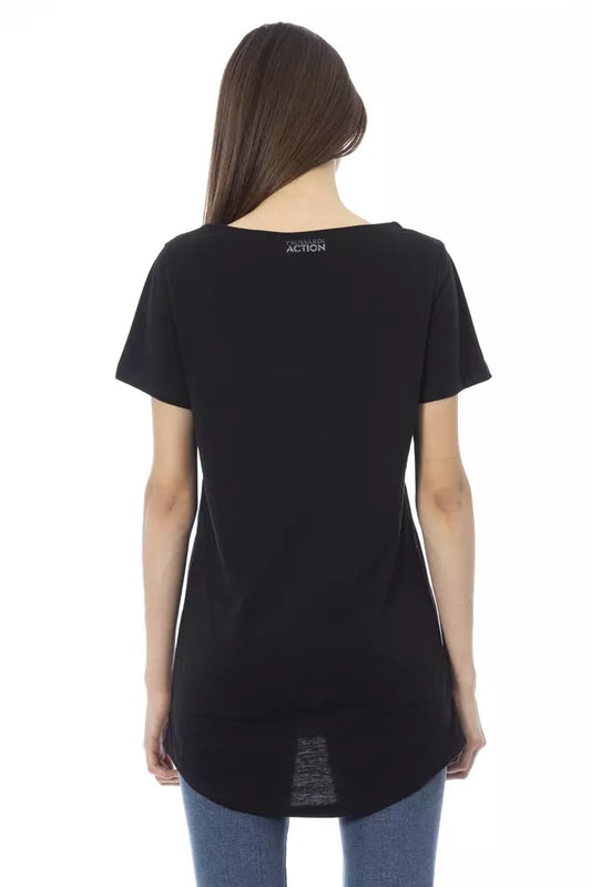 Black short sleeve top on a woman