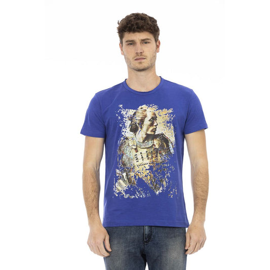 Man wearing blue t-shirt with graphic design