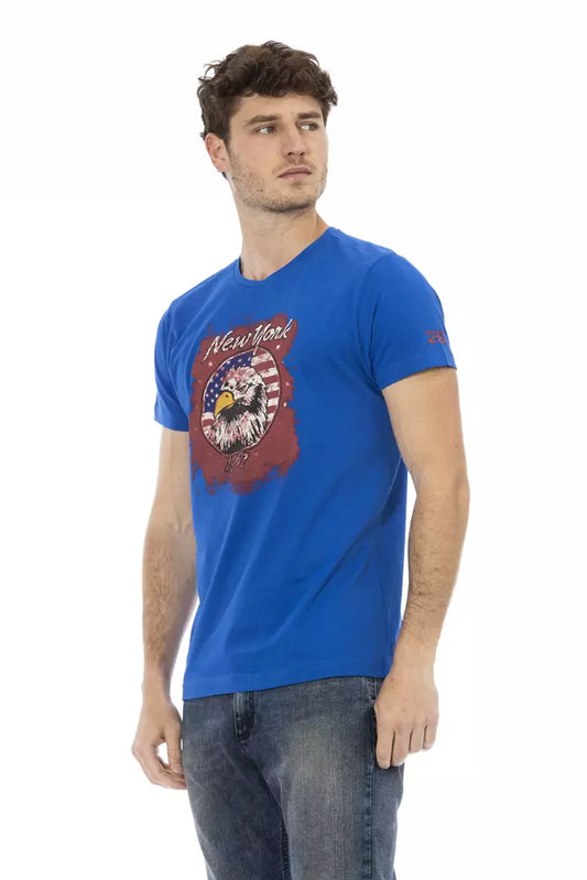 A blue cotton men's t-shirt with a graphic print on the front, featuring a skull and crossbones design