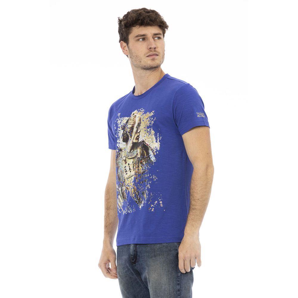 Man wearing blue t-shirt with graphic design