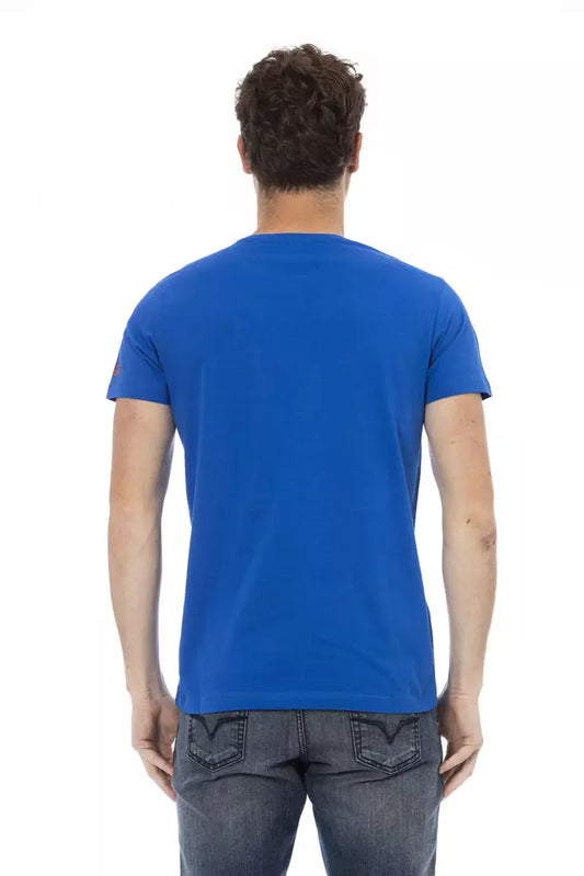 A blue cotton men's t-shirt with short sleeves and a crew neckline