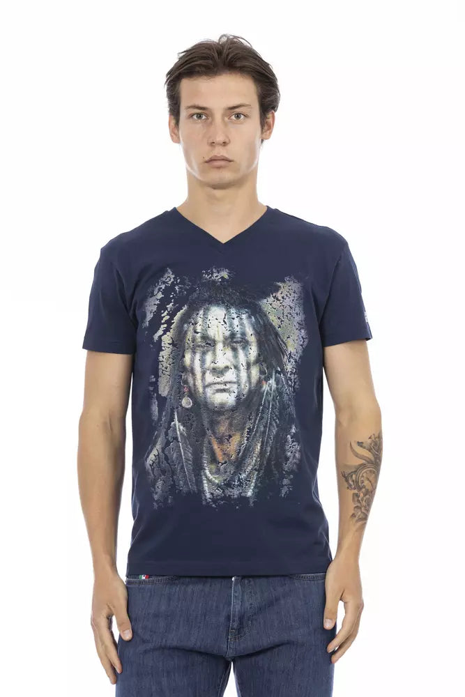 Man wearing blue t-shirt with graphic print